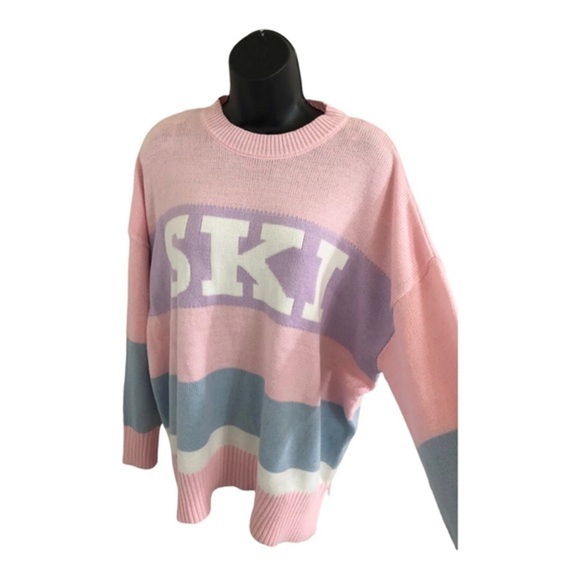 Ski in printed pink blue striped colorblock‎ ribbed neckline sweater size large - Picture 1 of 13